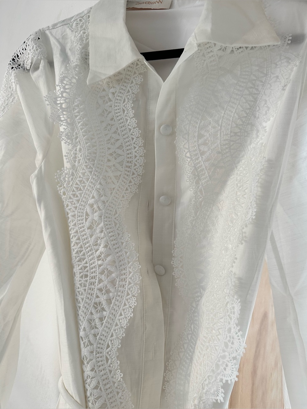 White Lace-Trim Long Button-Down Dress - Picture 9 of 10